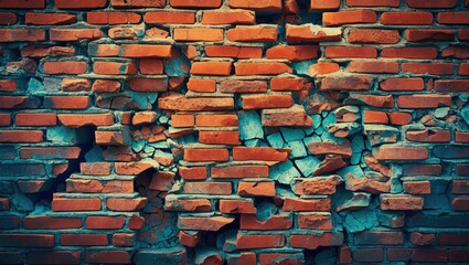 Poster - Vintage cracked red brick wall texture with weathered elements and an aged appearance ideal for backgrounds and architectural designs