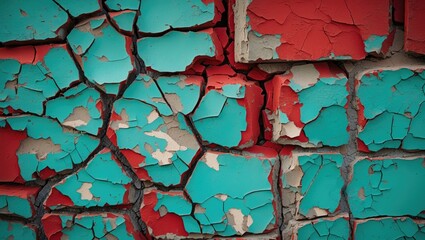 Poster - Textured cracked wall with turquoise and red paint peeling and chipping showing signs of age and neglect in vertical format.