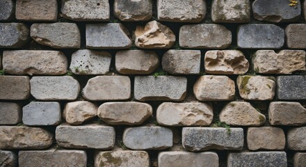 Poster - Aged stone wall texture made of diverse paving stones with natural moss accents showcasing durability and rustic charm.