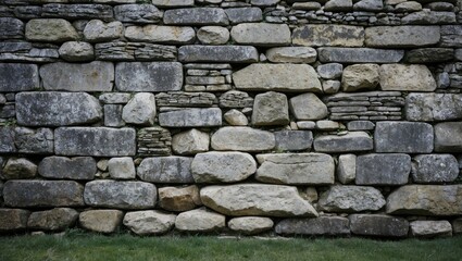 Poster - Textured old stone wall background displaying various sizes and shapes of natural stones with green grass at the base. Perfect for rustic themes.