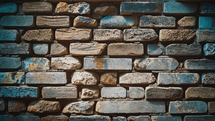 Poster - Weathered stone brick wall texture with diverse colors and patterns, ideal for backgrounds and architectural design concepts.