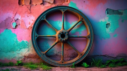 Poster - Rusty vintage steel wheel against a vibrant peeling paint wall showcasing a contrast of colors and textures in an artistic composition.