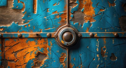 Poster - Textured vintage metal surface with blue and orange peeling paint and rust, ideal for industrial or artistic backgrounds.