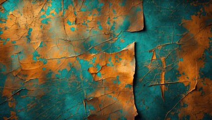 Poster - Vintage scratched texture with grunge appeal showcasing a mix of teal and orange hues ideal for retro backgrounds and artistic designs.