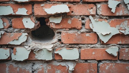 Poster - Close-up of weathered brick wall featuring damaged plaster and peeling paint showcasing urban decay and architectural neglect.