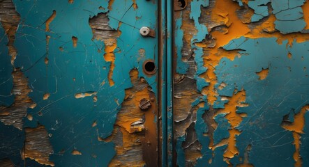 Poster - Rusty peeling blue metal door with orange undercoat and weathered texture ideal for backgrounds or industrial design themes.