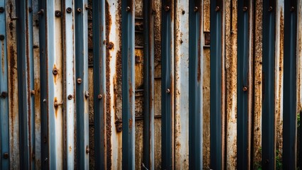Poster - Rusty weathered metal fence with vertical panels showcasing corrosion, texture, and a vintage aesthetic for industrial or rustic themes.