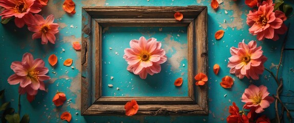 Poster - Rustic wooden picture frame on a vibrant blue background with pink flowers and petals creating a charming and artistic display.