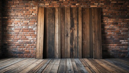 Poster - Rustic wooden planks against a textured brick wall creating a warm and inviting interior background for creative projects.