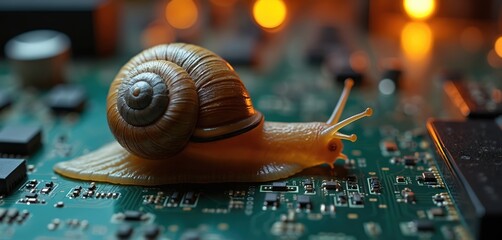 Poster - Snail crawls on green motherboard surface. Concept of slow internet, data processing, low bandwidth. Macro view. Outdated tech, computing challenges, digital communication issues, slow technological