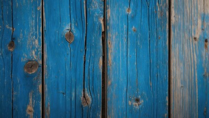 Poster - Vibrant blue wooden plank texture with natural knots and rustic finish perfect for backgrounds or design projects.