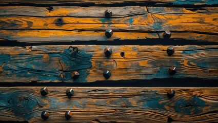 Poster - rustic wooden planks with colorful patina and rusty nails creating a textured background for vintage