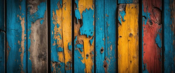 Poster - multicolored weathered wood plank texture background with vibrant blue, yellow, and red hues for rus