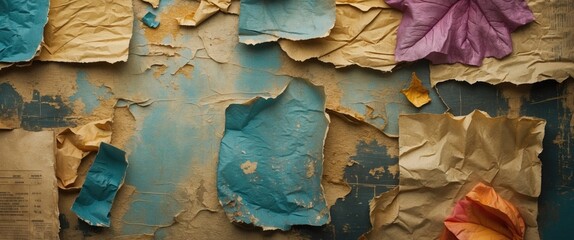 Poster - Textured vintage background with crumpled paper and colorful leaves creating a layered artistic composition for versatile design projects.
