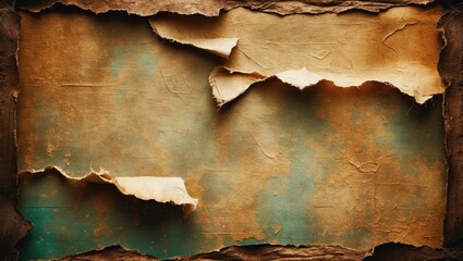 Poster - Vintage paper canvas texture with torn edges and grunge details in earthy brown and turquoise tones for artistic backgrounds and design.