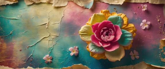 Poster - Colorful textured background with floral decoration and aged paper elements for artistic or design purposes.