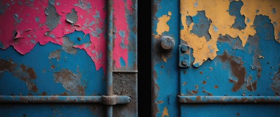Poster - Weathered metal doors with peeling vibrant paint in shades of pink, blue, and yellow revealing rustic textures and colors of decay.