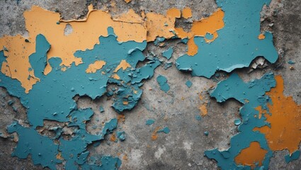 Poster - textured cement wall with peeling blue and orange paint for use as a vintage or grunge background in