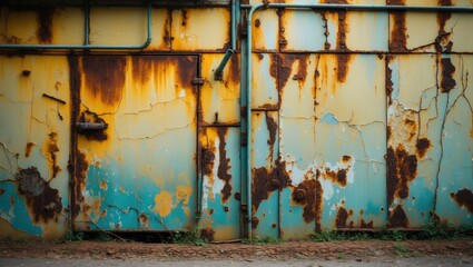 Poster - Weathered rusty metal wall with peeling paint and scratches showcasing a vintage industrial texture with vibrant colors