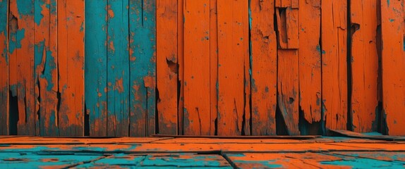 Poster - Vibrant weathered plywood texture with contrasting orange and teal colors suitable for backgrounds or artistic projects.