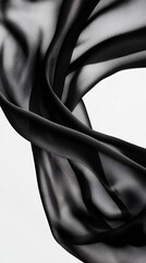 Poster - Flowing black chiffon fabric against white background, abstract elegance. Fashion and design concept