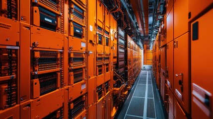 Poster - Orange server room corridor, data center infrastructure, technology background, industrial interior