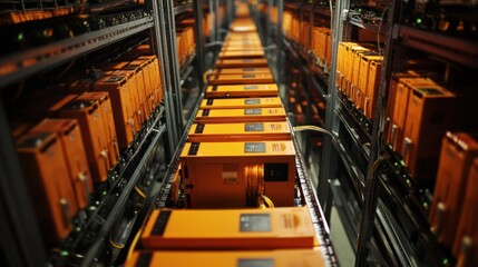 Poster - Data center orange servers rows, technology background
