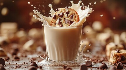 Wall Mural - Chocolate chips on the floor and a chocolate chip cookie that falls into a glass of milk, causing a splash of milk