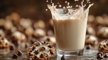 Wall Mural - Chocolate chips on the floor and a chocolate chip cookie that falls into a glass of milk, causing a splash of milk