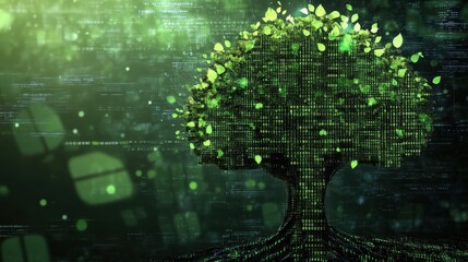Aufkleber - Digital Tree Design with Neon Green Leaves Over Binary Code Background for Eco-Friendly Technology Concept