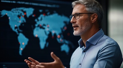 Poster - Professional senior man discussing global data insights in a modern office environment with digital map display in background highlighting key locations
