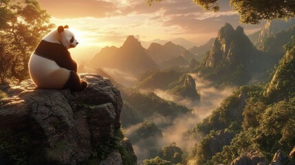Wall Mural - Panda sitting on cliff overlooking misty mountains at sunrise, serene wilderness. Nature beauty and tranquility concept