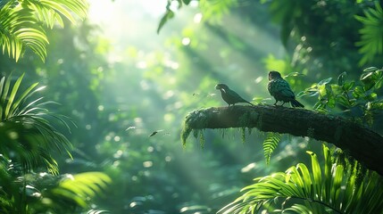 in the rainforest, tropical birds perched atop a tree branch