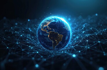 Poster - Earth globe surrounded by neon lines, grid and nodes. Tech progress, worldwide web wallpaper. Globe map glows with city lights at night. Digital electronic futuristic illustration render.