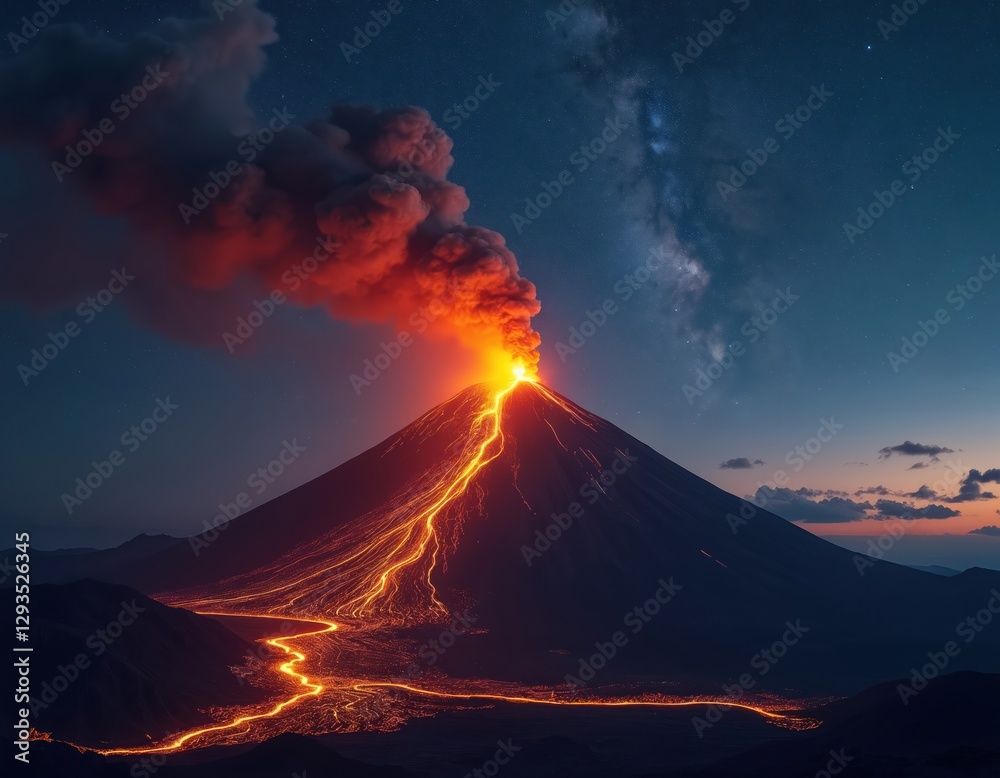 Photo Stock Erupting volcano under starry sky with lava flow at night ...