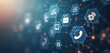 © Viktor - Contact photo shows connection tech concept with icons. Network links connect elements, phone, email, settings icons. Global connection for business consultation, customer support services, remote
