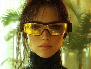 Poster - A woman wearing futuristic sunglasses in front of neon palm leaves, with high-contrast lighting, vibrant colors, and a cyberpunk style, digital art, Copy space, commercial use
