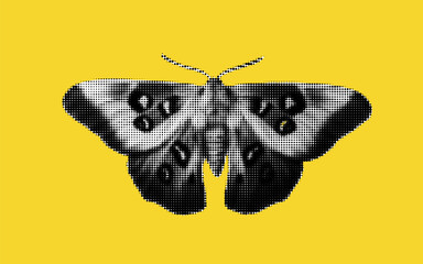 Poster - Vibrant halftone collage featuring a striking butterfly design on a bold yellow background that captures nature's beauty