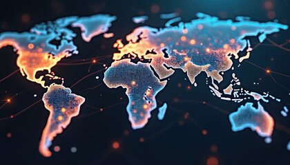 Poster - Conceptual illustration of global international trade, supply systems, global value chains. Dotted world map. Intricate connectivity, logistic, commerce, economy, production, globalisation,