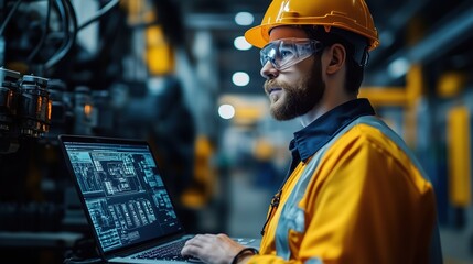 Poster - A focused engineer in safety gear works on a laptop in an industrial setting, showcasing advanced technology and meticulous attention to detail in manufacturing.