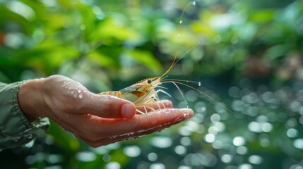 Aufkleber - A person gently holds a colorful shrimp with long antennae in an outstretched hand. The background features bright green plants and sparkling water droplets reflecting sunlight.
