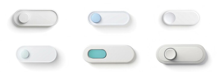 Fototapete - A collection of buttons, some of which are blue and white, are arranged in a row. The blue and white button is in the middle of the row, and the other buttons are all white