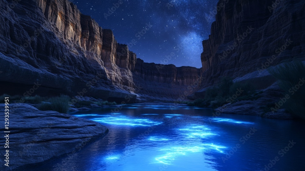 Bioluminescent water glowing in a canyon under a starry night sky ...