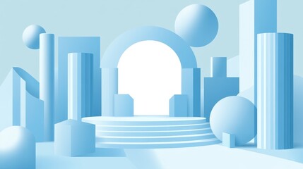 Poster - abstract blue geometric stage, product display, pastel background, 3d render, marketing