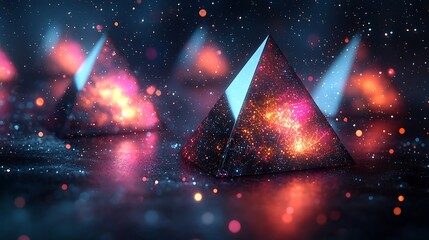 Wall Mural - glowing pyramids, cosmic dust, dark background, abstract art, website design