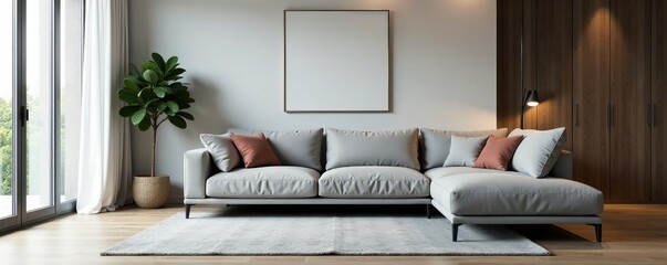 - Stylish grey sofa in contemporary living room with minimalist decor, interior, modern