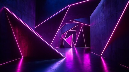 Wall Mural - Neon-lit geometric corridor; abstract purple and pink light reflections; futuristic background; ideal for sci-fi or gaming