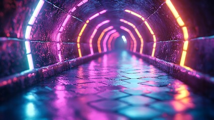 Wall Mural - Neon-lit tunnel, futuristic pathway, glowing arches, dark background, virtual reality scene