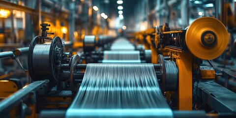 Poster - textile factory production line with machinery and spools of thread in a modern industrial setting c