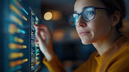 Fototapete - Focused Female Programmer Analyzing Data on High-Tech Screen in Modern Office Environment with Visualizations of Code and Information